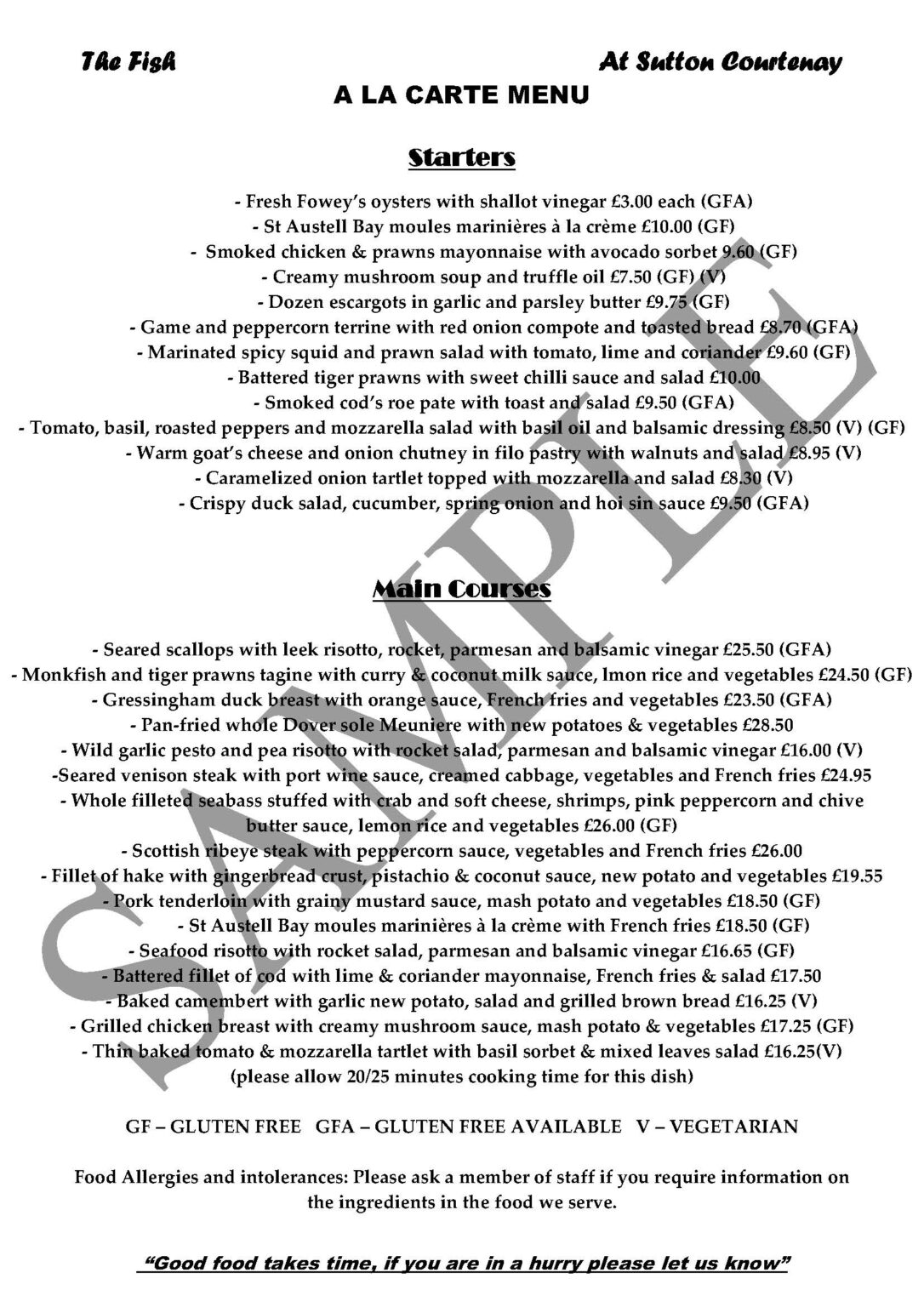 Events & Menus – The Fish Sutton Courtenay